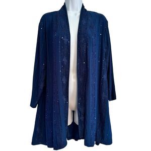 Susan Graver Navy Blue Sequin Stripes Open Cardigan Size XL